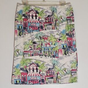 Sharon Young Skirt Womens 6 Tropical Cityscape Print Made USA Stretch Cotton
